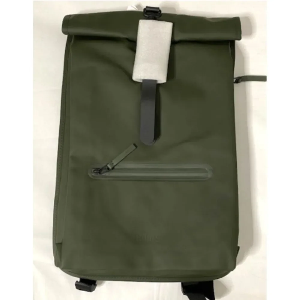 Rains Green Rolltop Rucksack Waterproof Backpack Carabiner Strap Laptop 18
